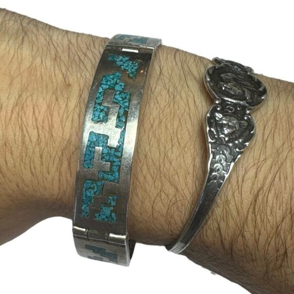 Vintage 925 TC Mexico Sterling Silver Turquoise Inlay Bangle Bracelet - 67 Grams - Picture 11 of 11